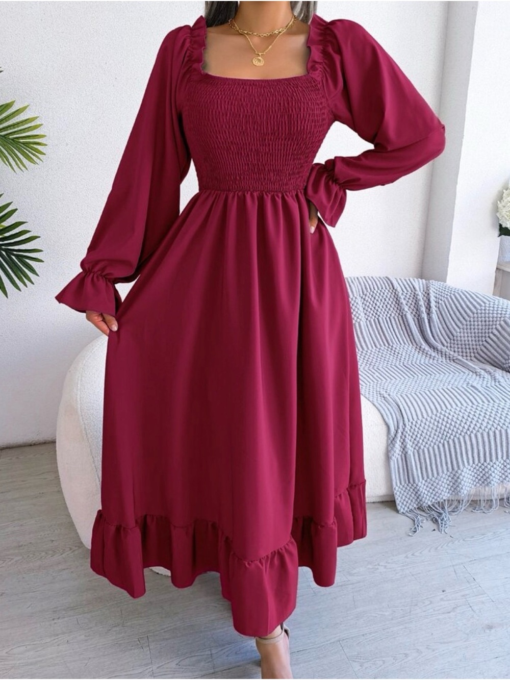 Women’s Burgundy Smocked Midi Dress - Elegant Long Sleeve